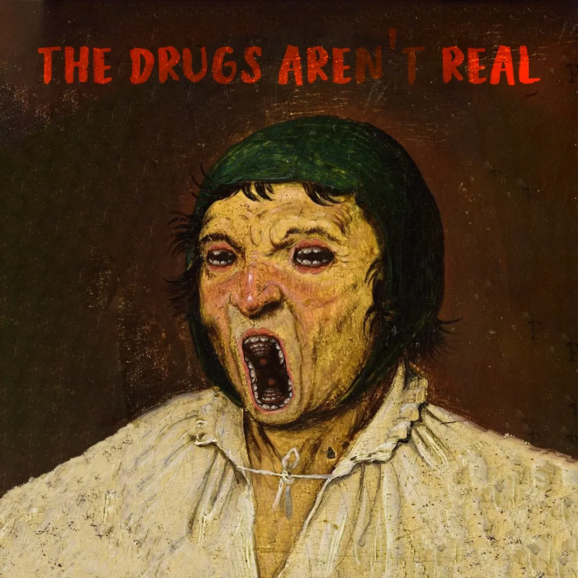 Man screaming, teeth for eyes.