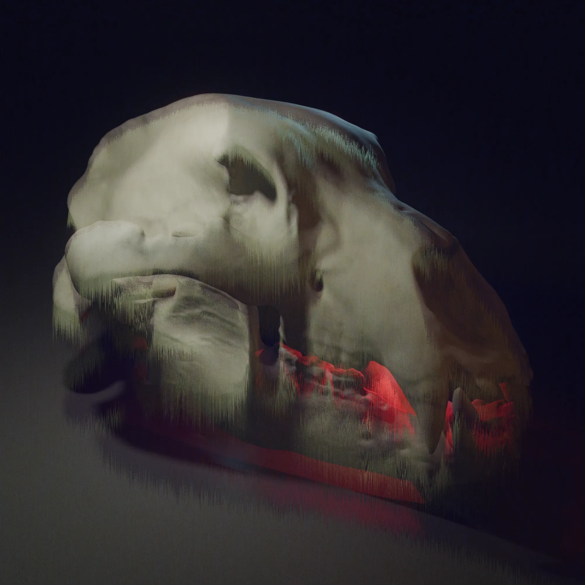 A glitched out bear skull with pixel sorting and a glowing mouth.